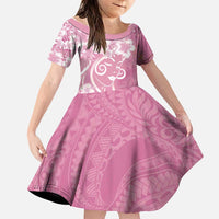Polynesian Women's Day Family Matching Off Shoulder Short Dress and Hawaiian Shirt Pink Hibiscus Flowers With Polynesian Pattern LT05 Daughter's Dress Pink - Polynesian Pride