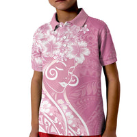 Polynesian Women's Day Kid Polo Shirt Pink Hibiscus Flowers With Polynesian Pattern