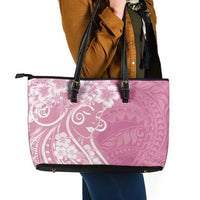 Polynesian Women's Day Leather Tote Bag Pink Hibiscus Flowers With Polynesian Pattern