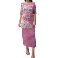 Polynesian Women's Day Puletasi Pink Hibiscus Flowers With Polynesian Pattern