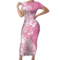 Polynesian Women's Day Short Sleeve Bodycon Dress Pink Hibiscus Flowers With Polynesian Pattern