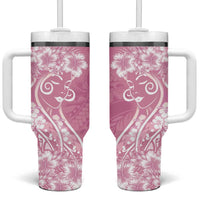 Polynesian Women's Day Tumbler With Handle Pink Hibiscus Flowers With Polynesian Pattern