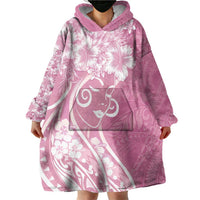 Polynesian Women's Day Wearable Blanket Hoodie Pink Hibiscus Flowers With Polynesian Pattern