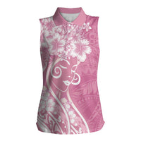 Polynesian Women's Day Women Sleeveless Polo Shirt Pink Hibiscus Flowers With Polynesian Pattern
