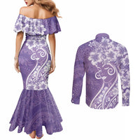 Polynesian Women's Day Couples Matching Mermaid Dress and Long Sleeve Button Shirt Purple Hibiscus Flowers With Polynesian Pattern LT05 - Polynesian Pride