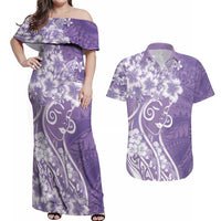 Polynesian Women's Day Couples Matching Off Shoulder Maxi Dress and Hawaiian Shirt Purple Hibiscus Flowers With Polynesian Pattern LT05 Purple - Polynesian Pride