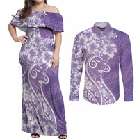 Polynesian Women's Day Couples Matching Off Shoulder Maxi Dress and Long Sleeve Button Shirt Purple Hibiscus Flowers With Polynesian Pattern