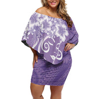 Polynesian Women's Day Family Matching Off Shoulder Short Dress and Hawaiian Shirt Purple Hibiscus Flowers With Polynesian Pattern LT05 Mom's Dress Purple - Polynesian Pride