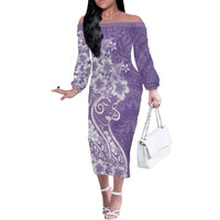 Polynesian Women's Day Off The Shoulder Long Sleeve Dress Purple Hibiscus Flowers With Polynesian Pattern