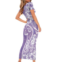 Polynesian Women's Day Short Sleeve Bodycon Dress Purple Hibiscus Flowers With Polynesian Pattern