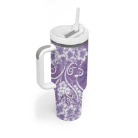 Polynesian Women's Day Tumbler With Handle Purple Hibiscus Flowers With Polynesian Pattern
