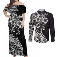 Polynesian Women's Day Couples Matching Off Shoulder Maxi Dress and Long Sleeve Button Shirt Black Hibiscus Flowers With Polynesian Pattern