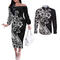 Polynesian Women's Day Couples Matching Off The Shoulder Long Sleeve Dress and Long Sleeve Button Shirt Black Hibiscus Flowers With Polynesian Pattern LT05 Black - Polynesian Pride