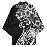 Polynesian Women's Day Kimono Black Hibiscus Flowers With Polynesian Pattern