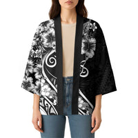 Polynesian Women's Day Kimono Black Hibiscus Flowers With Polynesian Pattern