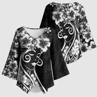 Polynesian Women's Day Kimono Sleeve Blouse Black Hibiscus Flowers With Polynesian Pattern