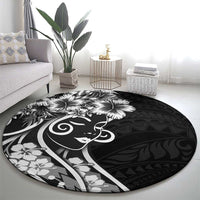 Polynesian Women's Day Round Carpet Black Hibiscus Flowers With Polynesian Pattern