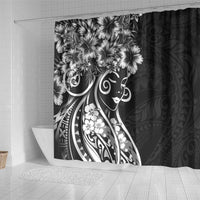 Polynesian Women's Day Shower Curtain Black Hibiscus Flowers With Polynesian Pattern