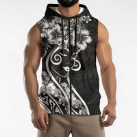 Polynesian Women's Day Sleeveless Zip Hoodie Black Hibiscus Flowers With Polynesian Pattern