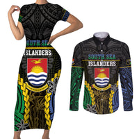 Personalised South Sea Islanders And Gilbert Islands Couples Matching Short Sleeve Bodycon Dress and Long Sleeve Button Shirt Kanakas Polynesian Pattern LT05 Black - Polynesian Pride