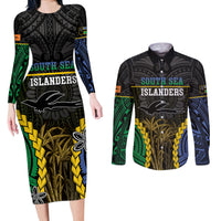 Personalised South Sea Islanders And New Ireland Couples Matching Long Sleeve Bodycon Dress and Long Sleeve Button Shirt Kanakas Polynesian Pattern LT05 Black - Polynesian Pride