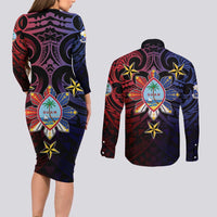 Philippines Guam Couples Matching Long Sleeve Bodycon Dress and Long Sleeve Button Shirt Filipino Sun With Guaman Seal LT05 - Polynesian Pride