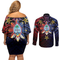 Philippines Guam Couples Matching Off Shoulder Short Dress and Long Sleeve Button Shirt Filipino Sun With Guaman Seal LT05 - Polynesian Pride