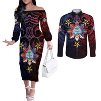 Philippines Guam Couples Matching Off The Shoulder Long Sleeve Dress and Long Sleeve Button Shirt Filipino Sun With Guaman Seal LT05 Blue - Polynesian Pride