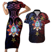 Philippines Guam Couples Matching Short Sleeve Bodycon Dress and Hawaiian Shirt Filipino Sun With Guaman Seal LT05 Blue - Polynesian Pride