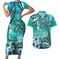 Fiji Born Indian Couples Matching Short Sleeve Bodycon Dress and Hawaiian Shirt Palm Paisley With Tapa Pattern LT05 Aqua - Polynesian Pride