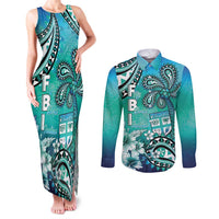 Fiji Born Indian Couples Matching Tank Maxi Dress and Long Sleeve Button Shirt Palm Paisley With Tapa Pattern