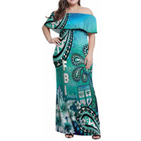 Fiji Born Indian Family Matching Off Shoulder Maxi Dress and Hawaiian Shirt Palm Paisley With Tapa Pattern LT05 Mom's Dress Aqua - Polynesian Pride