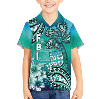 Fiji Born Indian Family Matching Off Shoulder Short Dress and Hawaiian Shirt Palm Paisley With Tapa Pattern LT05 Son's Shirt Aqua - Polynesian Pride