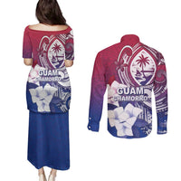 Guam Gadao Couples Matching Puletasi and Long Sleeve Button Shirt Hafa Adai Micronesian Tribal Pattern