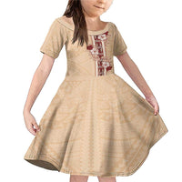 Tonga Language Week Family Matching Mermaid Dress and Hawaiian Shirt Hibiscus Tongan Ngatu Pattern LT05 Daughter's Dress Beige - Polynesian Pride