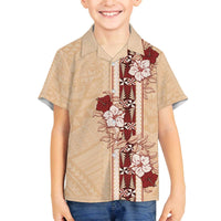 Tonga Language Week Family Matching Off The Shoulder Long Sleeve Dress and Hawaiian Shirt Hibiscus Tongan Ngatu Pattern LT05 Son's Shirt Beige - Polynesian Pride