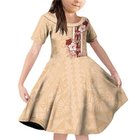 Tonga Language Week Family Matching Off Shoulder Short Dress and Hawaiian Shirt Hibiscus Tongan Ngatu Pattern LT05 Daughter's Dress Beige - Polynesian Pride