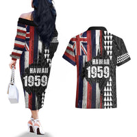 Hawaii 1959 Statehood Day Couples Matching Off The Shoulder Long Sleeve Dress and Hawaiian Shirt Classic Style LT05 - Polynesian Pride