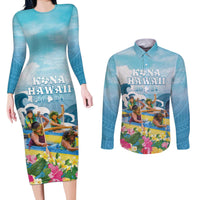 Hawaii Outrigger Canoe Race Couples Matching Long Sleeve Bodycon Dress and Long Sleeve Button Shirt Polynesian Style Watercolor Style LT05 Blue - Polynesian Pride
