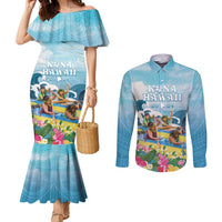 Hawaii Outrigger Canoe Race Couples Matching Mermaid Dress and Long Sleeve Button Shirt Polynesian Style Watercolor Style LT05 Blue - Polynesian Pride
