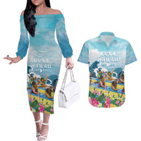 Hawaii Outrigger Canoe Race Couples Matching Off The Shoulder Long Sleeve Dress and Hawaiian Shirt Polynesian Style Watercolor Style LT05 Blue - Polynesian Pride