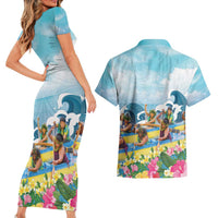 Hawaii Outrigger Canoe Race Couples Matching Short Sleeve Bodycon Dress and Hawaiian Shirt Polynesian Style Watercolor Style LT05 - Polynesian Pride