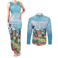 Hawaii Outrigger Canoe Race Couples Matching Tank Maxi Dress and Long Sleeve Button Shirt Polynesian Style Watercolor Style LT05 Blue - Polynesian Pride