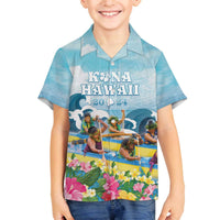 Hawaii Outrigger Canoe Race Family Matching Off Shoulder Short Dress and Hawaiian Shirt Polynesian Style Watercolor Style LT05 Son's Shirt Blue - Polynesian Pride