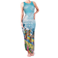Hawaii Outrigger Canoe Race Family Matching Tank Maxi Dress and Hawaiian Shirt Polynesian Style Watercolor Style LT05 Mom's Dress Blue - Polynesian Pride