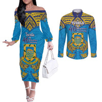 Personalised Tuvalu Independence Day Couples Matching Off The Shoulder Long Sleeve Dress and Long Sleeve Button Shirt Coat Of Arms With Polynesian Dolphin Tattoo LT05 Blue - Polynesian Pride