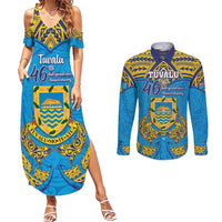 Personalised Tuvalu Independence Day Couples Matching Summer Maxi Dress and Long Sleeve Button Shirt Coat Of Arms With Polynesian Dolphin Tattoo LT05 Blue - Polynesian Pride