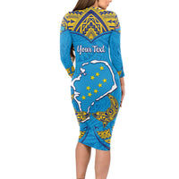 Personalised Tuvalu Independence Day Long Sleeve Bodycon Dress Coat Of Arms With Polynesian Dolphin Tattoo LT05 - Polynesian Pride