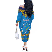 Personalised Tuvalu Independence Day Off The Shoulder Long Sleeve Dress Coat Of Arms With Polynesian Dolphin Tattoo LT05 - Polynesian Pride