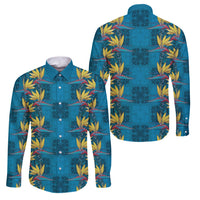 Hawaii Waikiki King Family Matching Mermaid Dress and Hawaiian Shirt Blue Quilt With Pua Manu LT05 Dad's Shirt - Long Sleeve Blue - Polynesian Pride